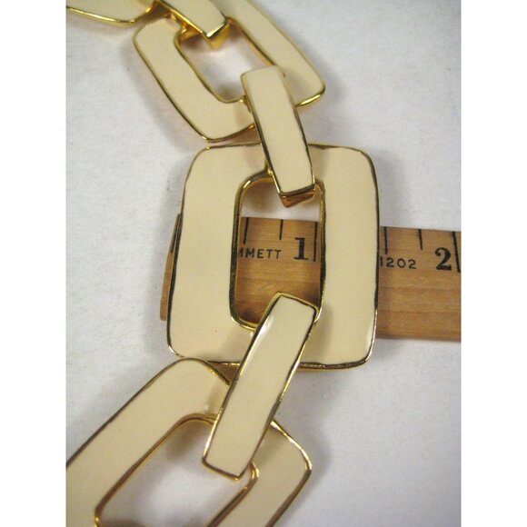 Vintage Chunky Goldtone Cream Enamel Link Chain Necklace 18 inch Collar Statemen - Picture 3 of 9